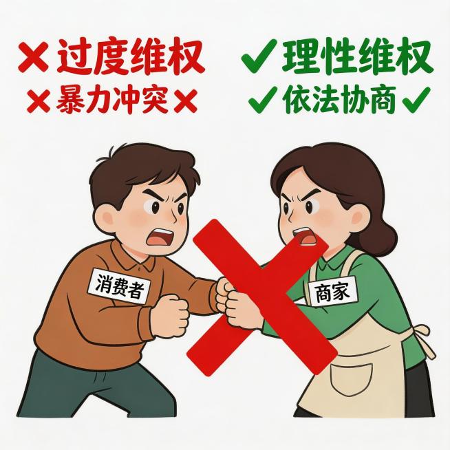 POP手绘风格二维插图，纯白色背景，消费者与商家打架的过度维权场景，人物完整，表现理性维权的重要性预览效果