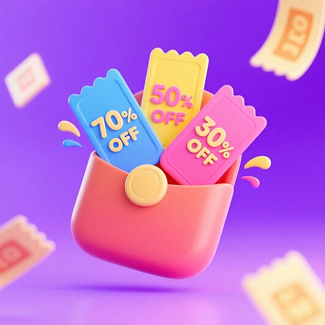 一个长方形红包打开处，喷出蓝、黄、粉色彩的三张优惠券，优惠券上分别标注有“70%OFF”““50%OFF”““30%OFF”，紫色背景