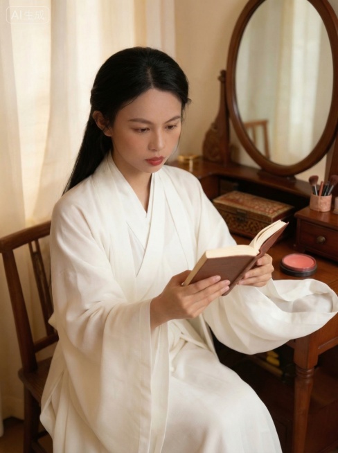 生成该人物的俯拍特写镜头，保持人物五官不变，保留白色古风服饰，背景和原图风格一致预览效果