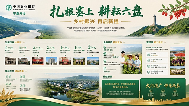 中国农业银行宁夏分行发展历程大事记展板，主题为「扎根塞上 耕耘六盘」，整体风格庄重大气，融入宁夏黄河、六盘山、枸杞地域文化元素，主色调为农行标准绿#116A3B，搭配金色和米白，点缀蓝色调，主标题为"扎根塞上 耕耘六盘"，副标题为"乡村振兴 再启新程"，展示金融扶贫、富民贷与美丽乡村建设成果，结尾展示战略愿景与大行德广伴您成长品牌标语，整体收尾庄重，版式精美，写实商业风，横版16:9超高清4K画质