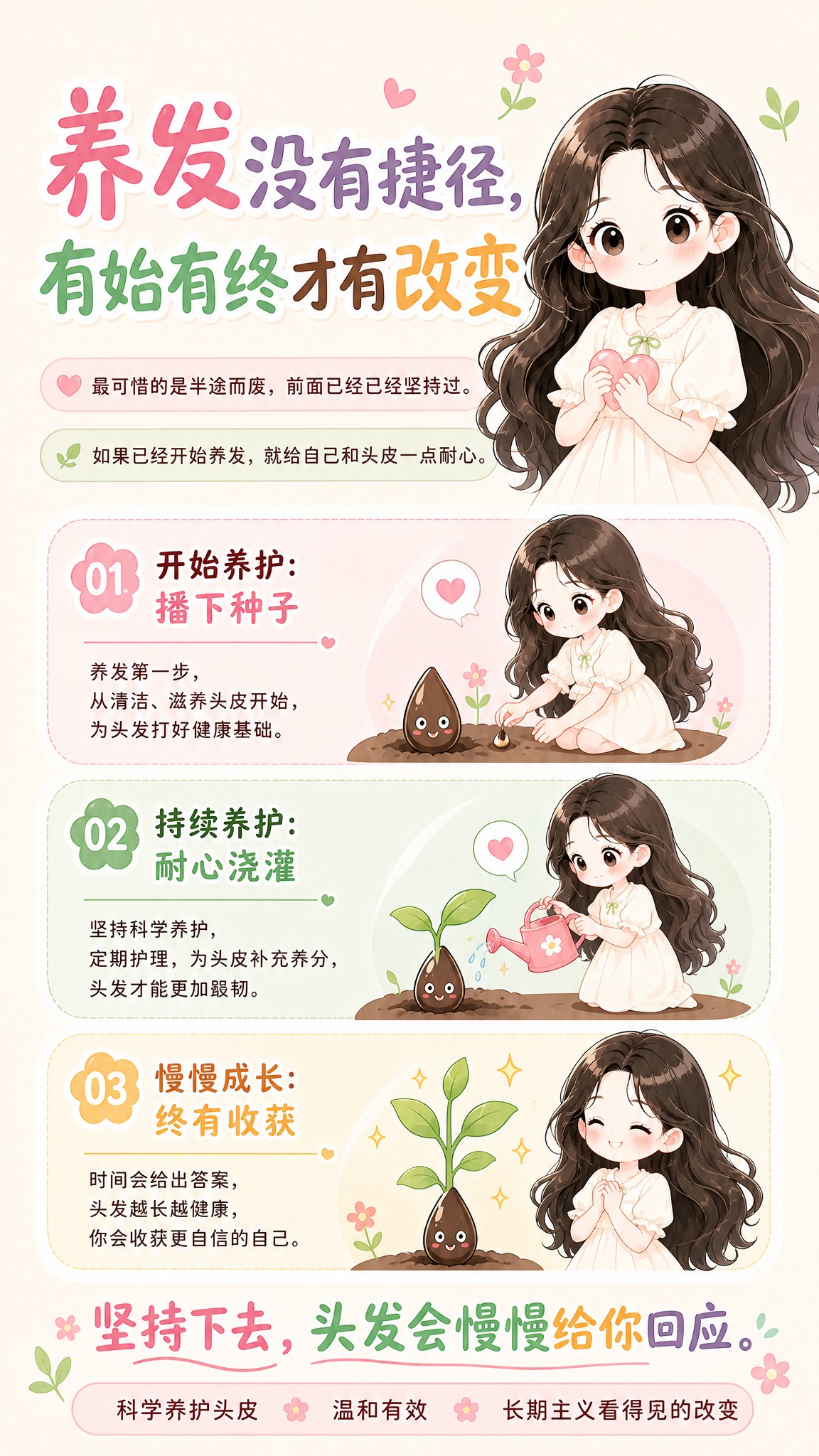 卡通可爱风格竖版朋友圈海报，养发科普主题第二弹。沿用参考图中小… - 图片创意预览