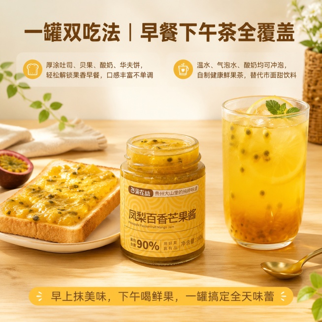 商业级产品摄影
主体：果酱严格参照上传产品图，完整保留所有可见组件、轮廓、结构、比例、材质、颜色与产品本体上的文字信息（果在益logo/凤梨百香芒果酱/参数规格等），与上传图完全一致；产品占画面60%预览效果