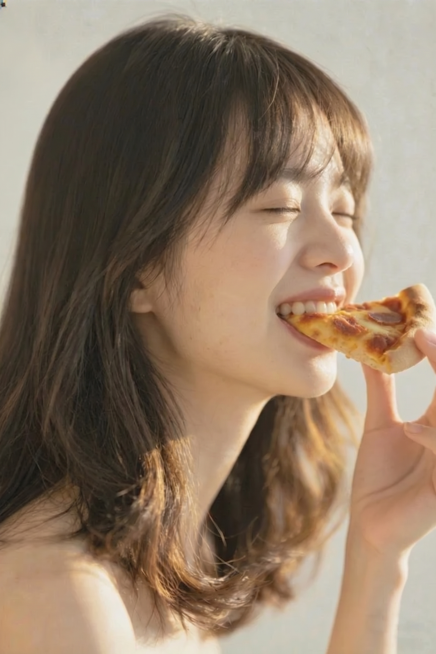 调整女生表情为一脸满足地吃披萨，保持固定镜头构图，保留原图整体氛围，调整人物面部表情，让女生看起来满足享受，其余画面保持不变预览效果