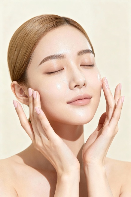 高清写实人像摄影，柔和自然光从侧前方照射，营造明亮通透的氛围，浅米色背景简洁干净。年轻女性闭眼享受护肤时刻，束起的浅棕色头发露出光洁额头，面部肌肤白皙水润，带有自然光泽和细腻质感，眉形精致，唇色淡雅。预览效果