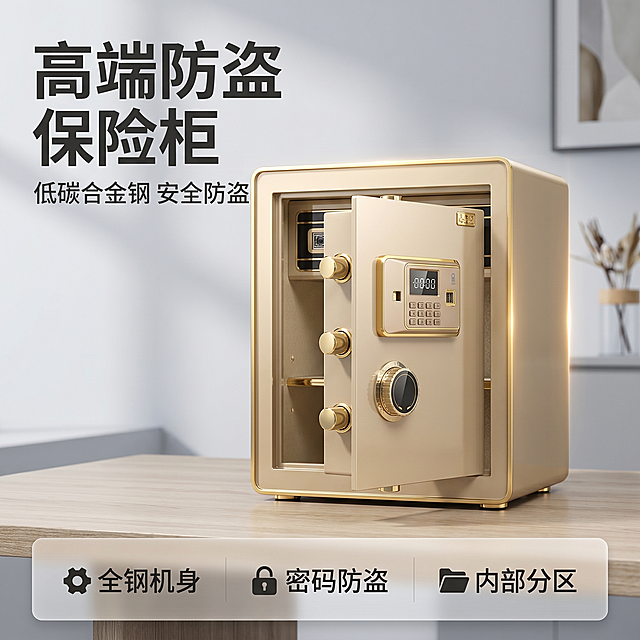 [主图 1] 家用办公高端防盗保险柜首图，产品开门展示全貌。
[氛围风格] 高端商务简约风格，专业品质感。
[画质] 商业摄影质感、光线柔和通透、产品清晰真实、画面干净高级。
[元素] 土豪金FDG-A10/D-45JZ保险柜居中展示，门呈半开状态，完整展示产品外观和内部结构，背景为简洁的现代办公室一角，浅灰色墙面搭配浅色木纹桌面，突出产品主体。保持保险柜外观（即物理结构、材质质感、颜色）与输入产品图绝对一致，杜绝任何变形和色差，精细化处理。商品主体占比严格控制在65%左右，画面满屏无边框。
[光影] 主光从正面偏左打来，均匀照亮保险柜整体，右后方辅以轮廓光勾勒产品线条，突出金属质感，背景柔和虚化，突出产品主体。
[配色] 主色调土豪金+米白色，辅助色浅木色，整体配色高级简约。
[视角构图] 平视四分之三视角，景深适中，产品完整不裁切。
[文字版式] 左上负空间左对齐留安全边距，主标题 "高端防盗 保险柜" 深灰色最大号粗体无衬线；副标题 "低碳合金钢 安全防盗" 约半高，同色略浅。底部通栏半透明渐变蒙层均分三列，列内左对齐展示卖点：列一「⚙ 全钢机身」列二「🔐 密码防盗」列三「📁 内部分区」，列标题同字号，标题重于说明，深灰色与浅背景强反差，现代无衬线字体。
[比例分辨率] 1:1 比例，2k 分辨率，文字清晰锐利，画面超高清。
[负向提示词] 变形，水印，文字错乱，产品图模糊，背景杂乱