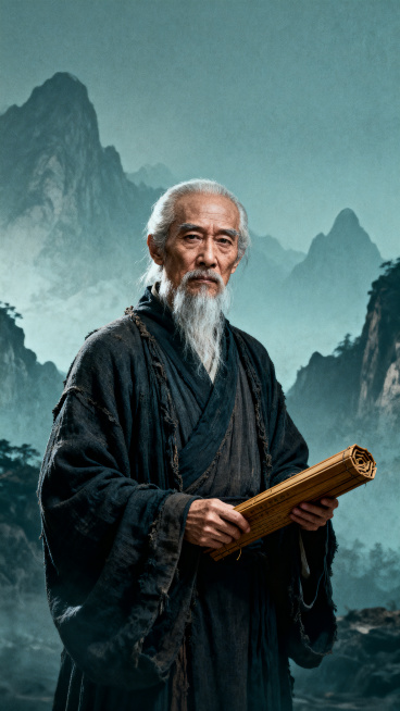 春秋战国时期鬼谷子人像，神秘深邃氛围，大气庄严气质，古朴风格，古代隐士智者形象，背景古朴苍茫，整体海报构图庄重预览效果