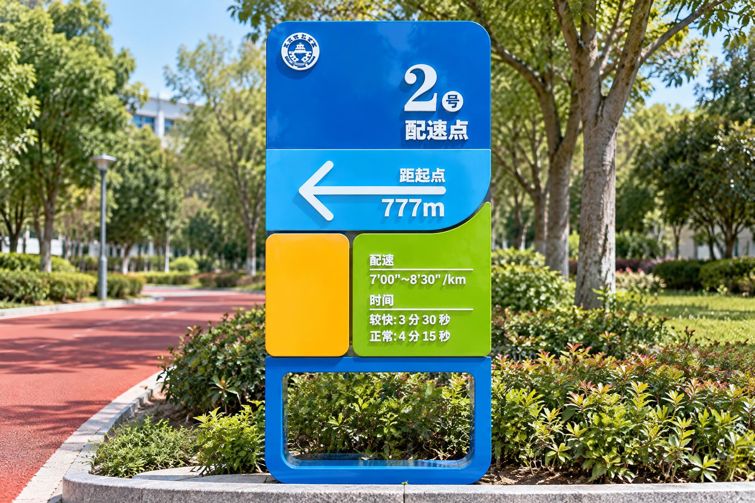 将图中的2号配速点标识雕塑生成正对视角的实景效果图，正面平视角… - 图片创意预览