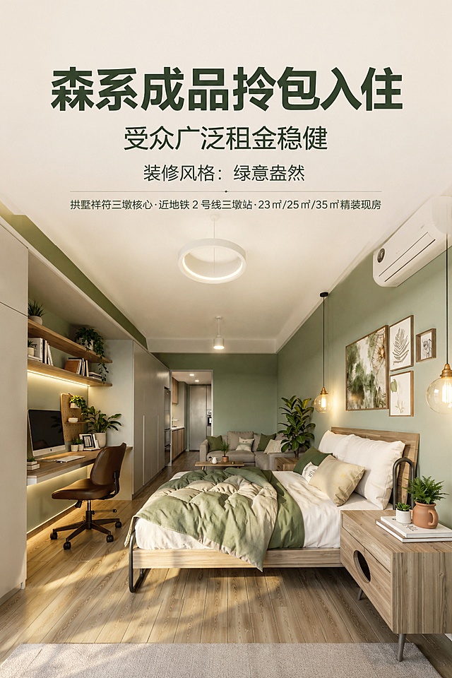 [主图-5] 森系成品拎包入住宣传主图
[氛围风格] 高级地产宣传风格，自然森系舒适质感
[画质] 商业摄影质感、光线柔和通透、产品清晰真实、画面干净高级
[元素] 使用提供的森系风格卧室实景图作为主体，房间画面完整展示，保持房间的物理结构、材质质感、颜色与输入图片完全一致，杜绝任何变形和色差。主体房间占画面约70%，顶部预留文字区域。保持整体画面和谐自然，不改变原有装修布局和物品摆放
[光影] 柔和自然采光，绿意氛围感充足，光线均匀柔和，重点突出森系自然质感，明暗层次清晰
[配色] 主色调为灰绿色搭配原木色，整体绿意盎然
[视角构图] 平视45°斜视角，完整展示房间全貌，景深适中
[文字版式] 顶部负空间居中对齐留安全边距，主文案大字："森系成品拎包入住"，深绿色最大号粗体无衬线字体；第二行副文案："受众广泛租金稳健"，深绿色约主文案一半大小；第三行副文案："装修风格：绿意盎然"，深绿色约三分之二主文案大小；最底部文字信息："拱墅祥符三墩核心·近地铁 2 号线三墩站·23㎡/25㎡/35㎡精装现房"，小号深绿色文字，整体排版干净清晰，文字不遮挡房间主体，与前面保持相同的版式风格
[输出要求] 竖版比例2:3，文字清晰锐利，超高清商业摄影质感，无水印无平台标识
[负向提示词] 变形，文字错乱，产品图模糊，背景杂乱，水印，电商平台Logo，遮挡主体，文字重叠