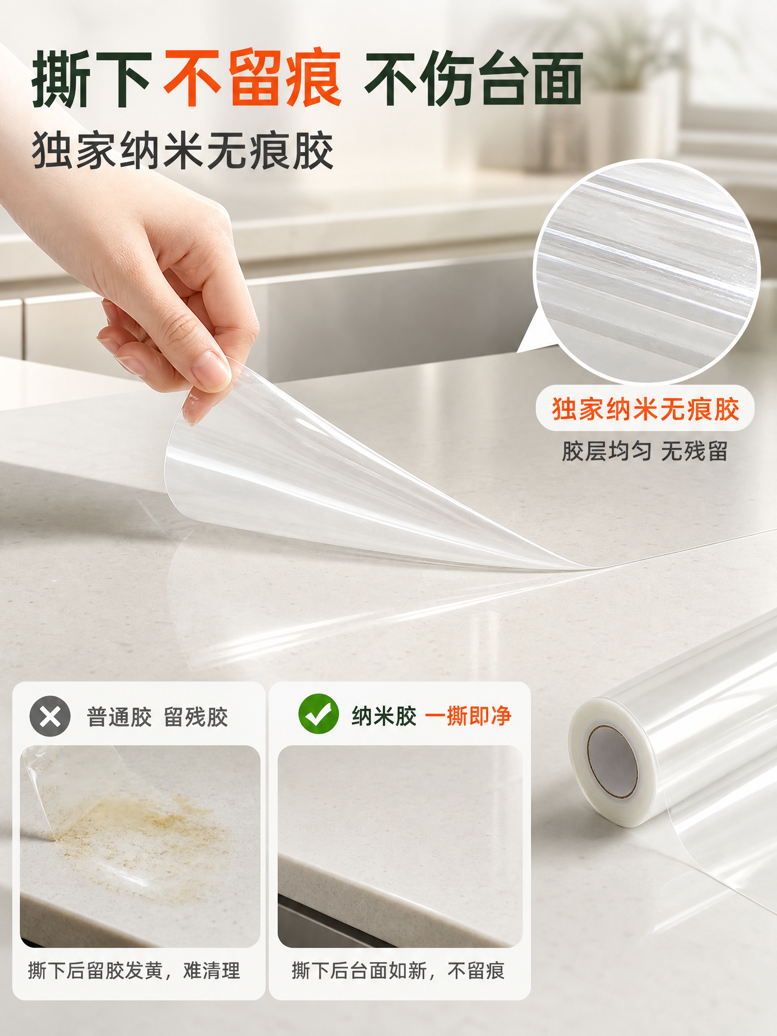 [主图-5] 撕下不留痕与纳米无痕胶卖点，展示移除不伤台面。… - 图片创意预览