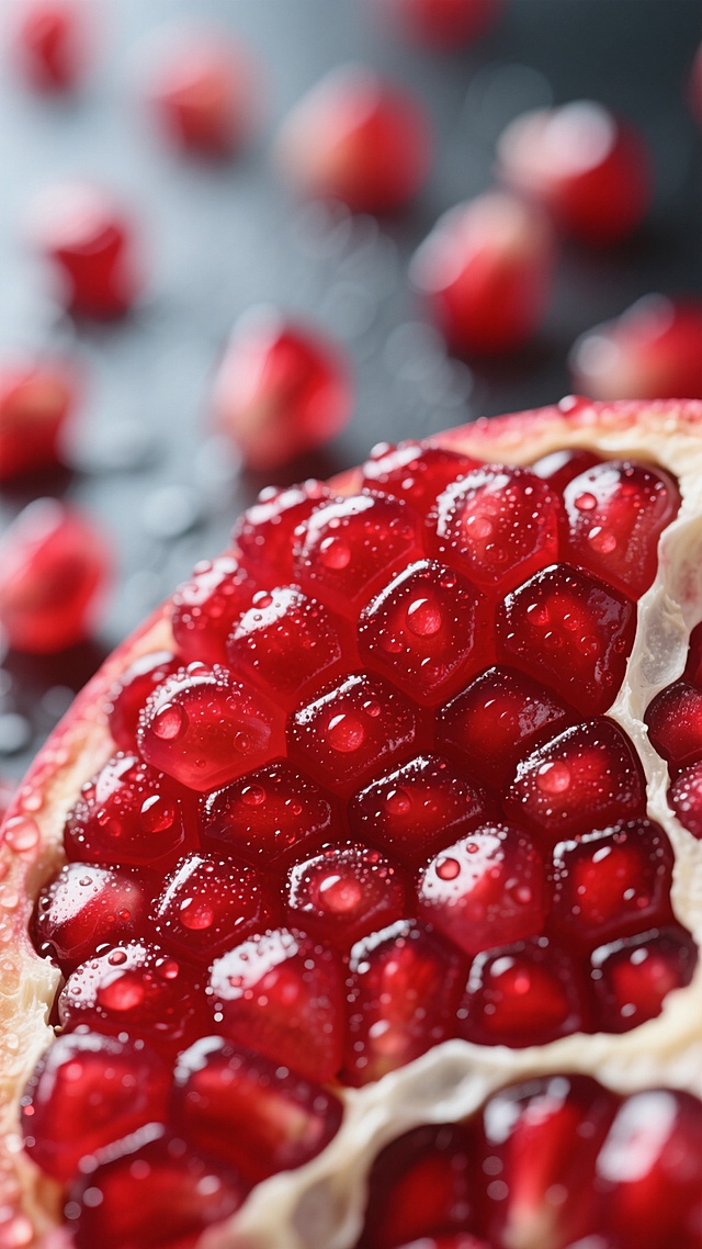 特写镜头下的石榴籽背景，饱满多汁的红色石榴籽紧密排列，表面覆盖着晶莹的水珠，折射出明亮的光泽，背景中散落着更多模糊的石榴籽，形成深浅不一的红色渐变，整体色调以鲜艳的红色为主，搭配白色的石榴隔膜，光影效果突出，营造出新鲜、水润、富有生机的氛围，高清晰度，微距摄影质感，细节丰富，色彩饱和，构图以石榴籽为视觉中心向四周延展，充满自然的颗粒感和立体感。