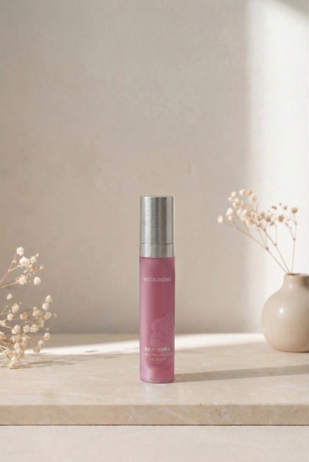 保留图片中最右侧第一个紫色瓶身的产品，删除掉另外两个产品，让保留的这个产品放置在画面中心位置，保持原图整体的浅米色墙面背景、米色台面、右侧干花装饰，保持整体光影质感和写实摄影风格不变预览效果