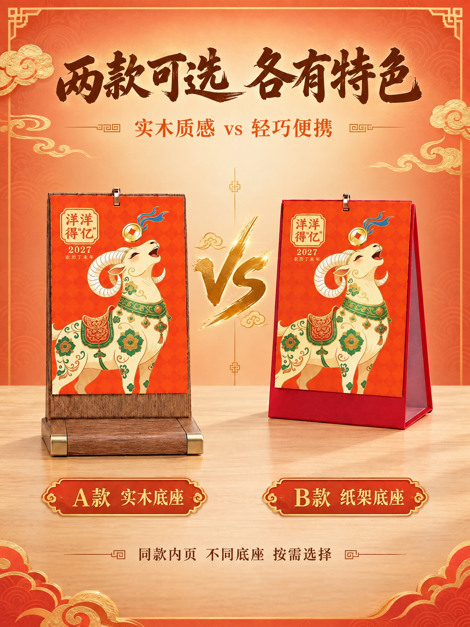 [商品] 使用A款木架台历和B款纸架台历对比展示；两款均为洋洋… - 图片创意预览
