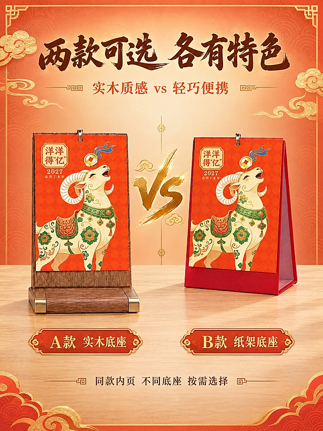 [商品] 使用A款木架台历和B款纸架台历对比展示；两款均为洋洋得亿款画面，A款胡桃木底座带黄铜包角，B款红色纸质三角底座；保留产品原始外观。
[画面] 页面目标：双款对比展示，清晰呈现两款差异。构图：左右分栏，左侧A款木架台历，右侧B款纸架台历，两款大小相近；中间有金色"VS"分隔符号；每款下方有金色标签标注；背景为暖米色渐变，底部有浅木色桌面；整体竖版3:4比例。
[视觉] 套系策略：风格=国潮温暖高端商业摄影；标题字=大气烫金书法体；正文字=精致宋体；主色=暖橙红；背景延展=暖橙红渐变+金色祥云纹样+暗纹底纹；强调色=烫金色；标题色=深棕色；正文色=深棕色；组件=祥云纹金边卡片、传统回纹边框；光影=正面均匀柔光，两款产品清晰，质感对比明显。
[文字] 顶部主标题"两款可选 各有特色"深棕色书法体居中；副标题"实木质感 vs 轻巧便携"橙色宋体；左侧下方标签"A款 实木底座"金色字，右侧下方标签"B款 纸架底座"金色字；底部"同款内页 不同底座 按需选择"深棕色小字；所有文字横排。
[规格] 图片比例3:4竖版，2K分辨率，避免变形、错字、文字过小、平台Logo水印。
