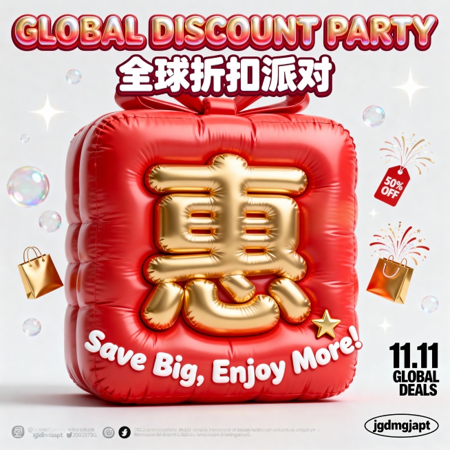 纯白极简背景，中央是充气3D质感的巨型红色礼盒，造型圆润饱满，表面带有细腻光泽过渡，营造柔软弹润的卡通视觉效果。上部有立体膨胀风格的英文标语“GLOBAL DISCOUNT PARTY”，字体圆厚饱满预览效果