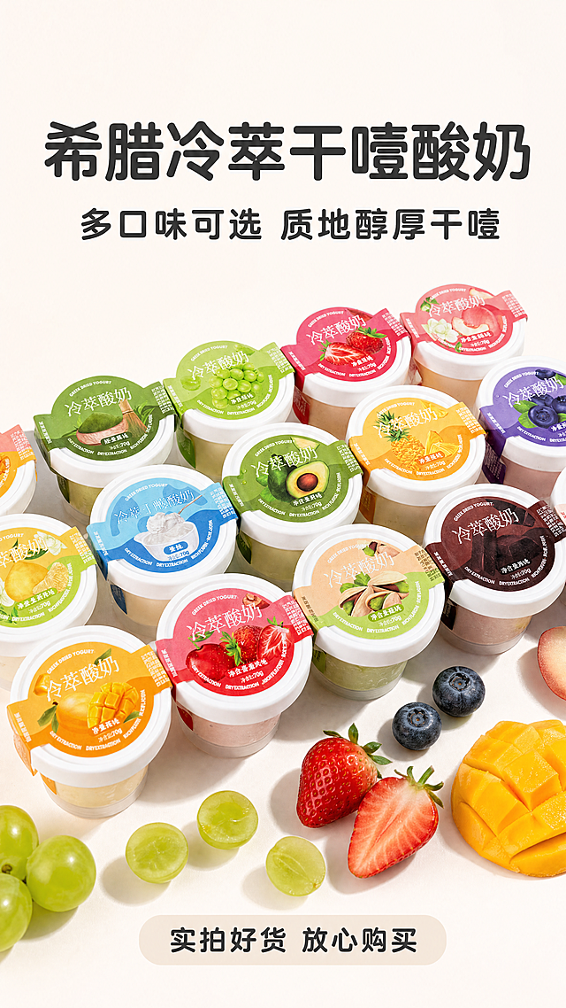 [第1屏] 详情页头图-希腊冷萃干噎酸奶新品宣传海报。
[氛围/风格] 清新食欲风，浅米底色，高饱和鲜果配色，接地气商业摄影质感，画面干净明快突出拼多多高性价比定位。
[元素布局] 保持原产品包装结构、标签文字、颜色和杯型与输入图1一致。多口味冷萃酸奶杯陈列在画面中下区域，占据画面65%-70%主体位置，前景点缀新鲜草莓、青提、蓝莓鲜果切片，背景虚化干净奶油白色调，顶部预留充足标题空间，整体层次清晰有食欲。
[光影质感] 左上方柔和主光照亮酸奶杯身和鲜果切片，右下方形成自然柔和投影，酸奶质地和杯身包装都清晰真实，整体明亮通透。
[配色色系] 全局底色：#FAFAFA（浅米白）；主体配色：多色鲜果搭配白色杯身，保持原图产品色彩；辅助色：#333333（标题深灰）。
[视角构图] 正面平视视角，产品全家福位于中下区域，顶部预留完整标题区域，整体构图稳定，阅读动线从上到下自然流畅。
[文字版式] 上标题下产品结构，顶部大标题「希腊冷萃干噎酸奶」，深灰色圆角粗黑体，纯色填充，居中对齐，字号约为画面高度的8%-10%；主标题下方副标题「多口味可选 质地醇厚干噎」，同字体同字色，字号约为主标题40%；底部浅色标签条，标注「实拍好货 放心购买」，文字居中，字号约为主标题30%；所有文字不遮挡产品主体，上下留白充足，移动端阅读清晰。字体使用圆角粗黑标题字，正文同家族，全套仅使用深灰一种字色，保持纯色填充字效。
[比例分辨率] 9:16竖版比例，4K分辨率，文字清晰可辨，超高清。
[负向提示词] 产品包装变形，文字错乱，颜色偏差，缺件错件，水印，产品模糊，背景杂乱，结构错误，虚假宣传极限词。