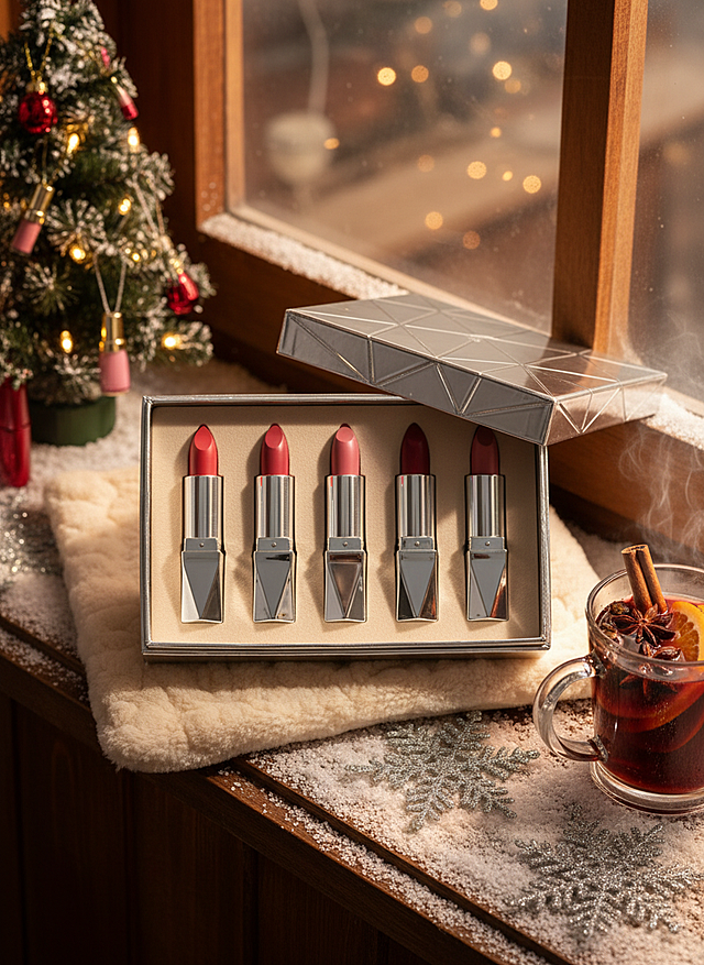 写实风格，中心构图。主视觉是圣诞口红礼盒（内装 5支口红），开盖置于米白毛绒垫上。背景是飘雪的窗台，摆迷你圣诞树（挂口红造型挂饰）与热红酒杯，前景放银箔雪花装饰，暖光映得礼盒金属边泛亮，红棕配色衬冬日节日感。