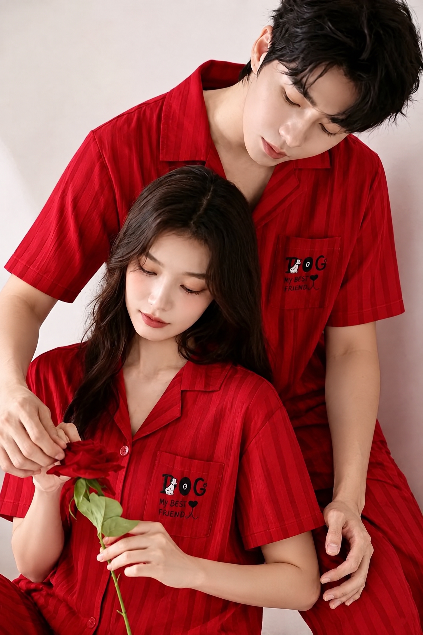 将图中男生和女生的红色睡衣长袖全部改为短袖，保持衣服的红色竖条… - 图片创意预览
