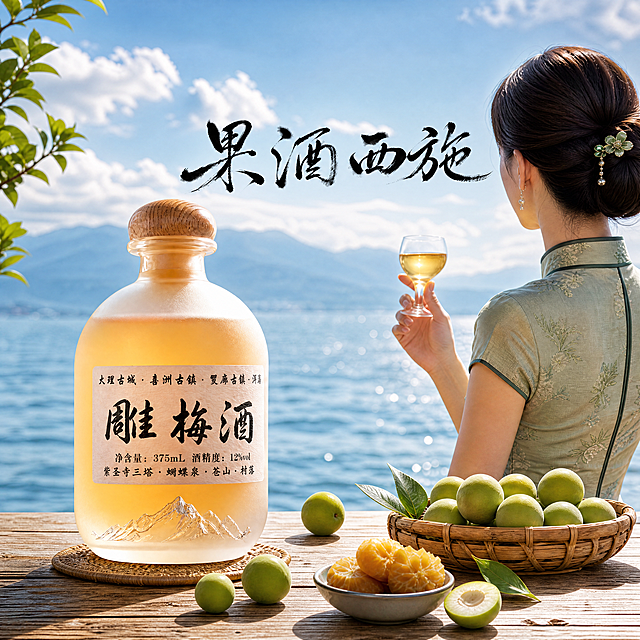 最终调优：强化洱海边桌台质感与虚化蓝天白云层次; 确保单瓶雕梅酒、‘果酒西施’突出书法logo、复古旗袍女生、果酒杯、青梅与雕梅点缀协调统一；光影自然柔和，无杂乱阴影; 1:1比例, 4K超清质感，整体呈现开阔、高级、诗意的新中式意境