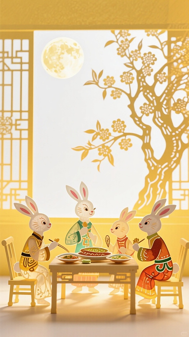 顶部 1/2 留白。中秋节一家拟人玉兔在室内吃饭场景，窗外巨大的桂花树和一轮圆月相映，整体清新，黄白撞色，白色背景，明亮的氛围。