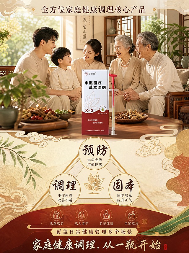竖版电商详情页，尺寸比例315:420，整体风格温暖高端、充满家庭信任感，东方新中式美学。画面上半部分为产品展示区，将参考图中的脐养堂中医脐疗草本滴剂产品（红白包装盒+红色滴管）置于高端东方家庭客厅环境中，自然光柔和洒入，木质家具，绿植点缀，周围有儿童、成年人、老人三代家庭成员温馨互动，表达一个产品满足一家人健康养护需求。下半部分采用三角结构排列三个核心关键词："预防"、"调理"、"固本"，字体为东方书法风格。画面融入草本植物、祥云、东方纹理装饰元素。顶部标题文字为"全方位家庭健康调理核心产品"，底部文字为"覆盖日常健康管理多个场景"，主题标语"家庭健康调理，从一瓶开始"。整体色调温暖雅致，红金与木色、绿色搭配，高端东方质感。