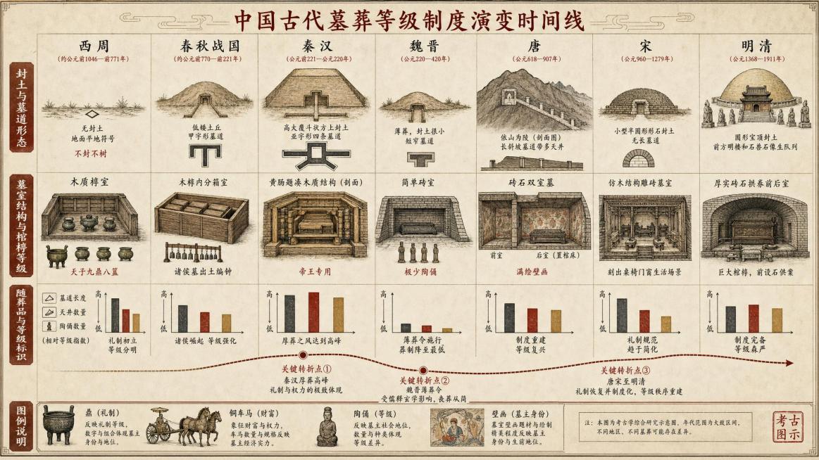 信息可视化主图，中国古代墓葬等级制度演变时间线，考古学图解风格，羊皮纸色背景，横版长图，比例16:9，从左到右横向排列七个时期：西周、春秋战国、秦汉、魏晋、唐、宋、明清，每个时期上方标明朝代名称和大致预览效果