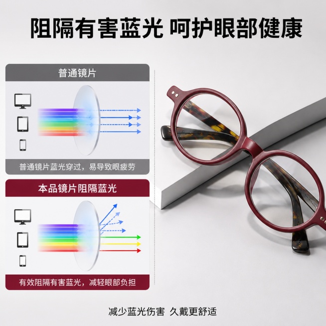 [主图-2] 老花眼镜防蓝光效果卖点展示图；氛围风格：专业效果展示，清晰可信；画质：商业摄影质感，光线柔和通透，产品清晰真实，画面干净高级；元素：左半区展示镜片蓝光阻隔前后效果对比，右半区展示完整安哥预览效果