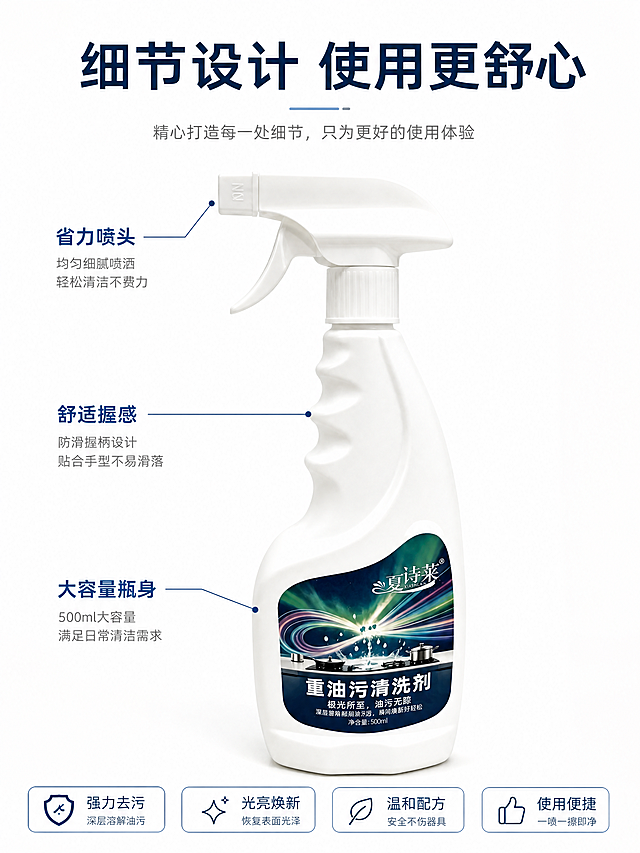 [第6屏] 喷雾瓶细节结构解析，引线标注出夏诗莱油污净的喷嘴、防滑握柄、瓶身三个关键部位，分别说明省力喷头、舒适握感、大容量瓶身的优势，产品居中展示，保持外观与原图一致，主标题细节设计 使用更舒心，干净版式，明亮光影，3:4比例，4K高清