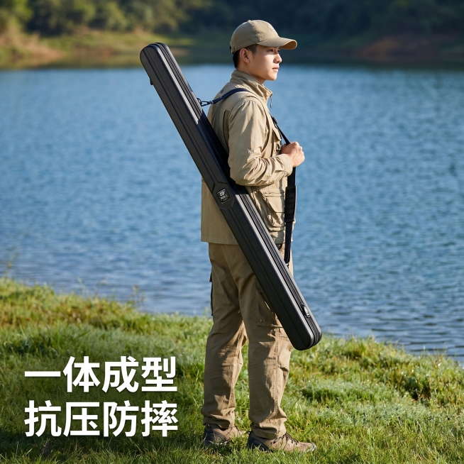 [主图 2] 黑色硬壳渔具竿包户外展示第二张主图；
[氛围风格] 真实自然户外实拍风，专业钓鱼氛围，和主图1风格光影统一；
[画质] 商业摄影质感、光线柔和通透、产品清晰真实、画面干净高级；
[元素]预览效果