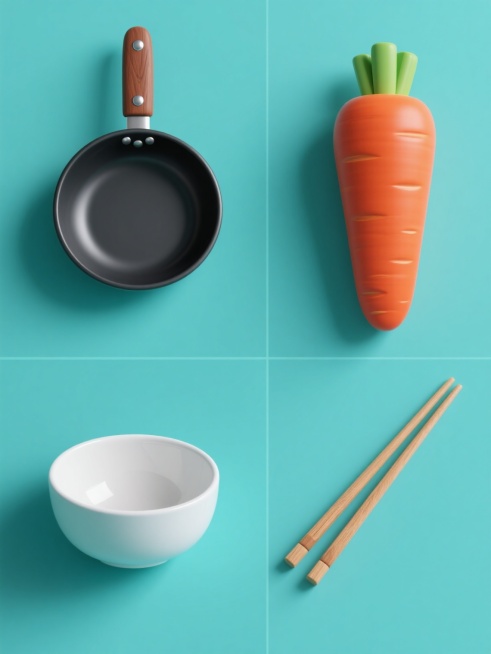 软3D风格厨房用品系列海报，纯色背景，整体变换为清新蓝绿色调，画面呈规整的2x2网格排布，四个完全不同元素内容的厨具居中展示。左上角为哑光质感黑色平底锅，配棕色木质手柄和银色铆钉；右上角为新鲜饱满的胡萝卜，橙红色泽鲜亮，带绿色顶部；左下角是白色陶瓷碗，碗口圆润光滑，带有细微高光；右下角为一双原木色筷子，自然纹理清晰，末端圆润。每个元素都具有柔和的光影效果，边缘平滑无棱角，整体风格统一，色彩和谐……预览效果
