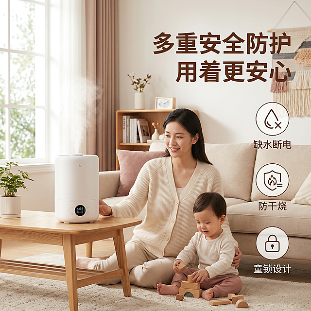 [主图-7]多重安全防护卖点主图
[氛围风格] 温馨治愈居家安全氛围
[画质] 温馨写实居家画面，色调柔和治愈，整体干净大气
[元素] 居家宝妈温馨使用场景，加湿器放置在客厅桌面，搭配简约示意图标注防干烧、缺水断电安全功能，产品保持与首图一致外观，人物自然互动场景温馨，画面满屏无边框
[光影] 柔和自然光，整体色调温暖治愈，光影均匀
[配色] 暖素浅色调，柔和干净
[视角构图] 平视居家场景，人物与产品自然构图，突出使用场景
[文字版式] 主文案"多重安全防护"规整排版，副文案"用着更安心"放在下方条理清晰，文字排版规整，不遮挡人物和产品主体
[比例分辨率] 1:1比例，2k分辨率，文字清晰可辨，超高清
[负向提示词] 变形，水印，文字错乱，场景杂乱，色调突兀
