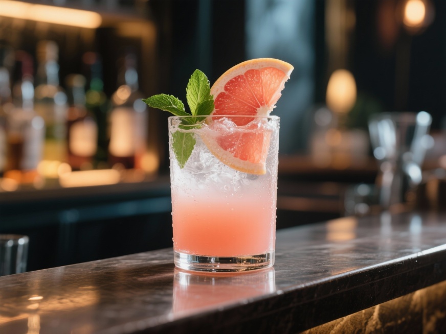 做一杯西柚莫吉托鸡尾酒，放在酒吧的吧台上预览效果