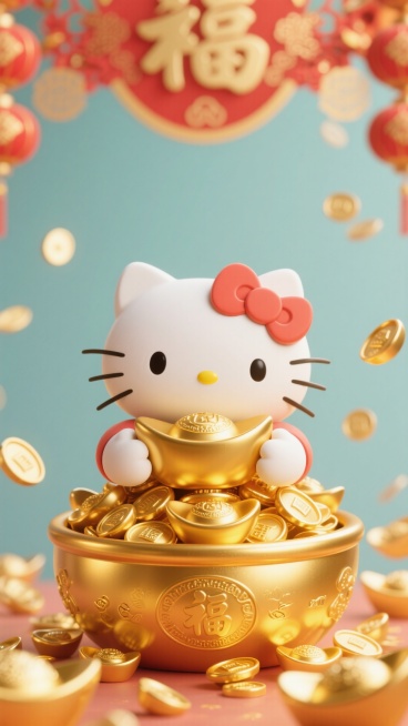 顶部只有背景和装饰，主要内容在画面一半以下，一个kitty猫在中间抱着聚宝盆，元宝喜庆色调，简单背景。预览效果