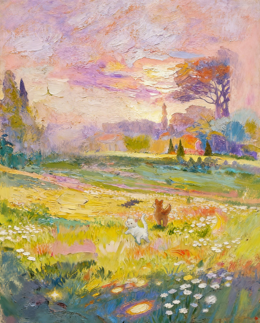 调整图片为油画风格，使用明媚的色彩，调整为午后天气，光源在画面背面，调整为莫奈花园氛围预览效果