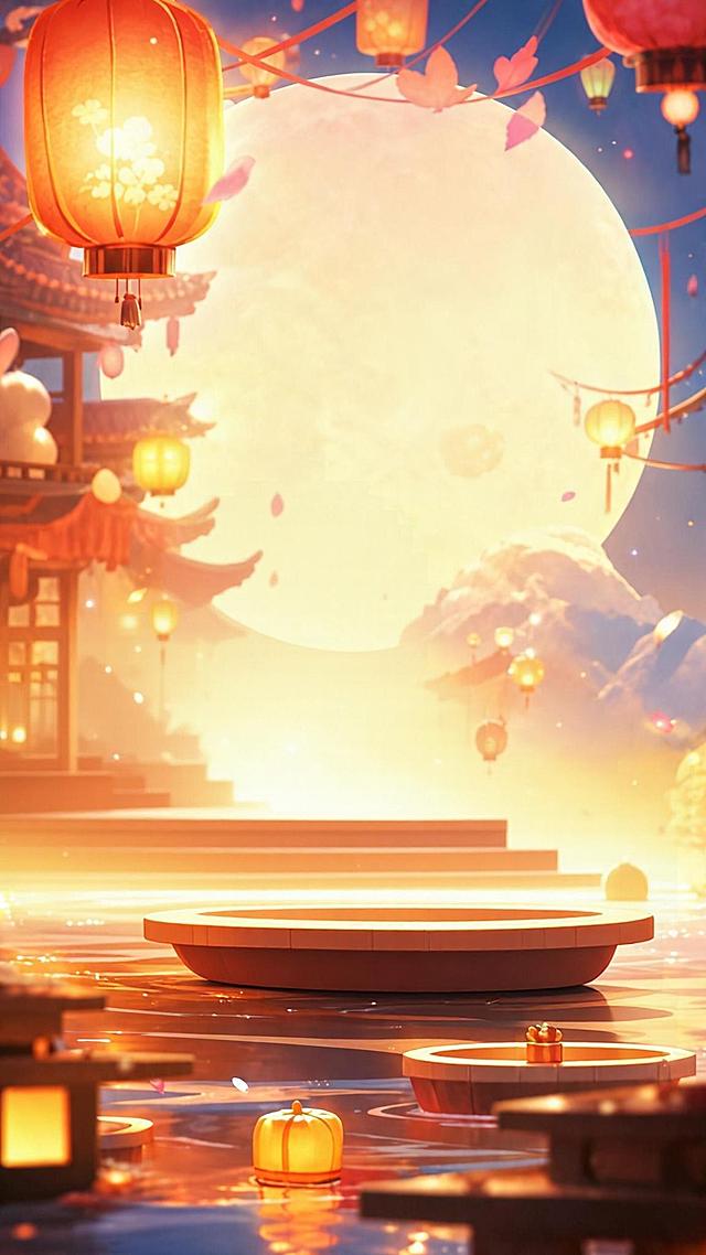 参考第一张图的中秋国风插画风格、构图、暖色调光影和场景元素，将画面中央的白色兔子熊主体替换为第二张图中的蓝色卡通海豹形象（保持蓝色海豹的外形、颜色、可爱特征，融入画面风格），海豹坐在古色古香的木船上，抱着大月饼，周围有小兔子、小青蛙、灯笼、水面、古建筑、圆月等中秋元素，整体为温馨喜庆的中秋节日氛围，3D卡通渲染风格，暖金色光线，细节精致