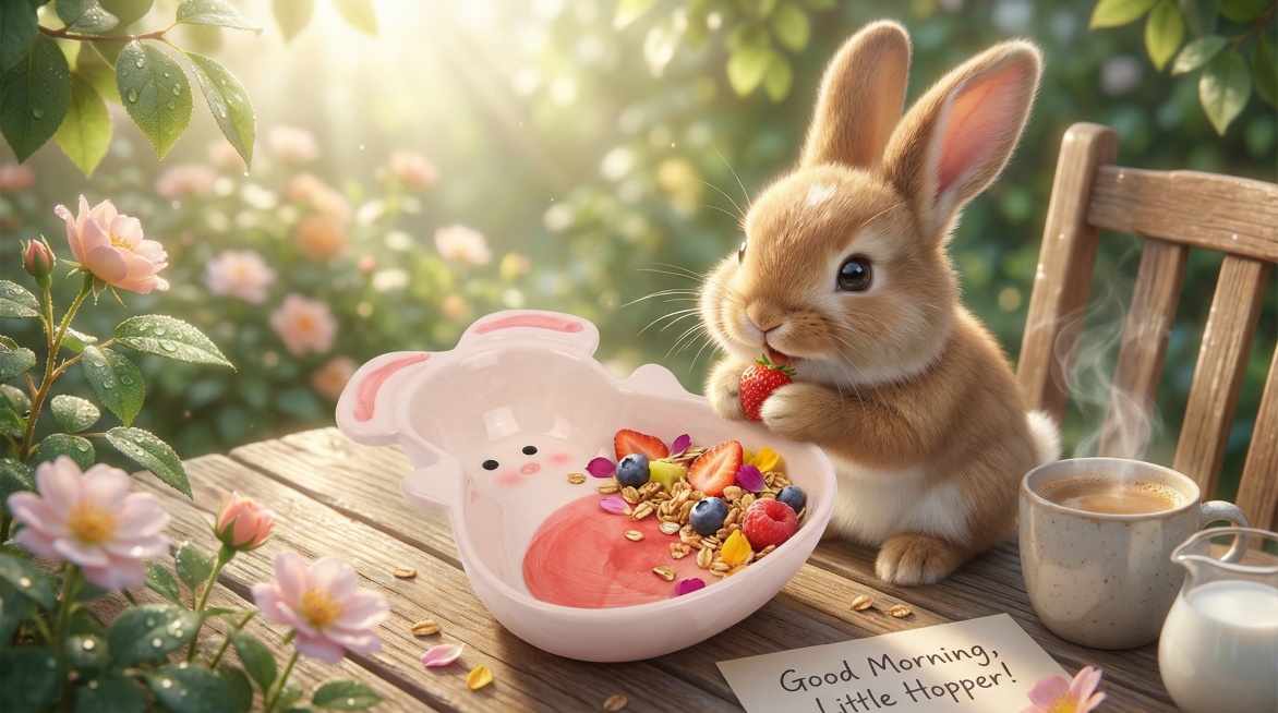 Cute rabbit eating breakfast with this rabbit-shaped ceramic bowl, keep the bowl's main features, fr预览效果