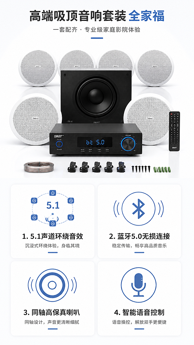 淘宝天猫电商详情页第二屏，吸顶音响套装核心卖点展示，9:16竖版比例，现代简约风格。画面分为上下布局，上方展示产品全家福：吸顶喇叭、蓝牙功放机、低音炮、遥控器等配件整齐排列，白色背景干净清爽。下方用图标+文字形式展示4大核心卖点：1."5.1声道环绕音效" 2."蓝牙5.0无损连接" 3."同轴高保真喇叭" 4."智能语音控制"。每个卖点配有简洁线性图标，文字清晰醒目，整体配色黑白灰+科技蓝，专业感强，2K高清电商详情页质感。