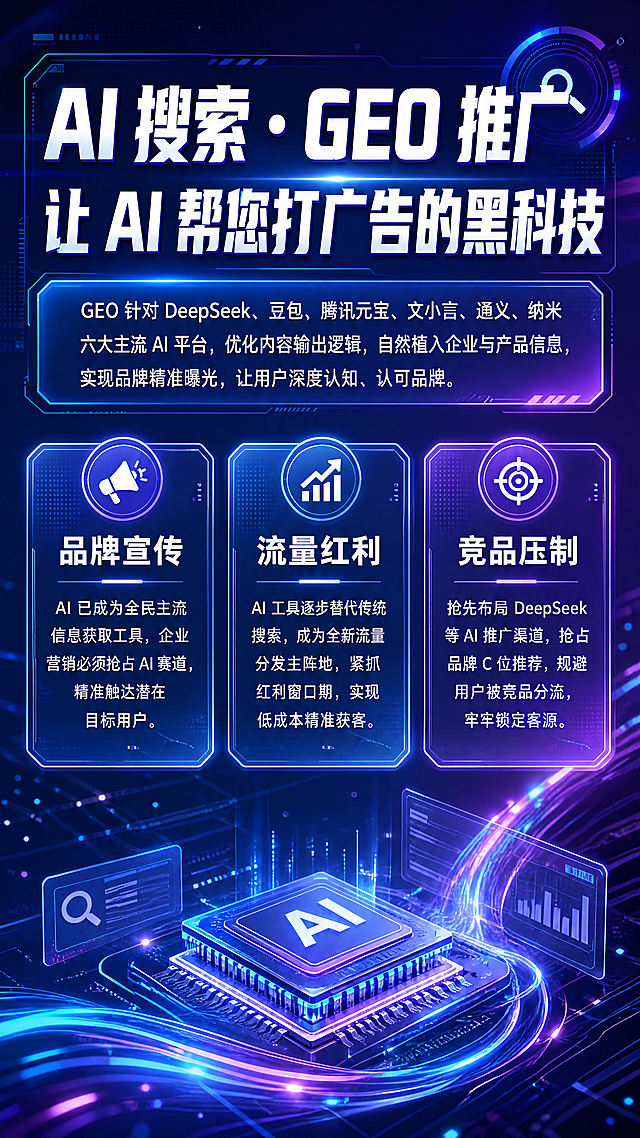 设计一张9:16的朋友圈海报，互联网AI科技风格，蓝紫渐变科技感背景，包含文案：主标题“AI 搜索・GEO 推广，让 AI 帮您打广告的黑科技”，副标题“GEO 针对 DeepSeek、豆包、腾讯元宝、文小言、通义、纳米六大主流 AI 平台，优化内容输出逻辑，自然植入企业与产品信息，实现品牌精准曝光，让用户深度认知、认可品牌。”，分三栏展示：品牌宣传“AI 已成为全民主流信息获取工具，企业营销必须抢占 AI 赛道，精准触达潜在目标用户。”，流量红利“AI 工具逐步替代传统搜索，成为全新流量分发主阵地，紧抓红利窗口期，实现低成本精准获客。”，竞品压制“抢先布局 DeepSeek 等 AI 推广渠道，抢占品牌 C 位推荐，规避用户被竞品分流，牢牢锁定客源。”，整体布局清晰，科技感十足，适合朋友圈发布