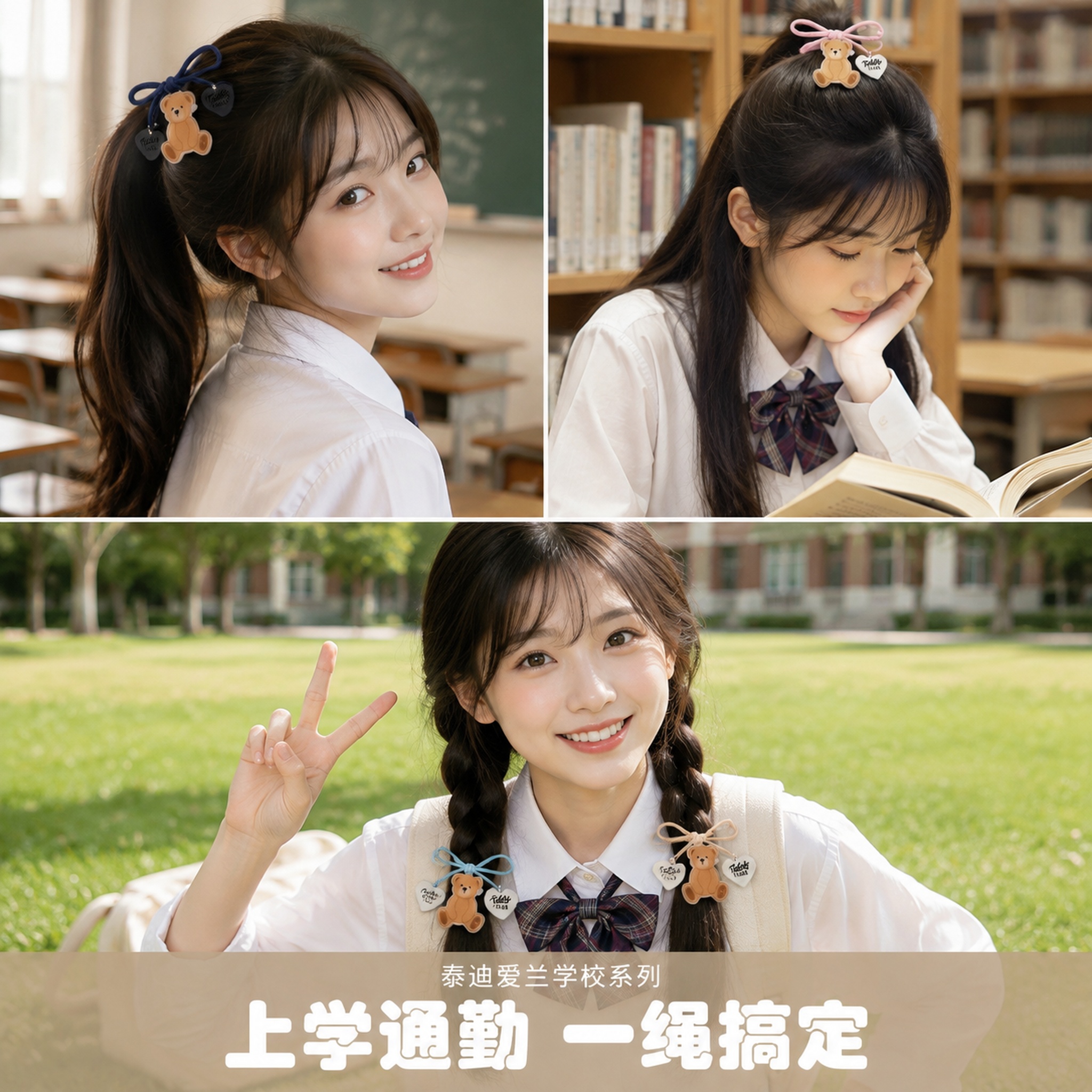 [主图-5] 小熊发圈多场景佩戴展示，学院风少女日常穿搭造型拼… - 图片创意预览