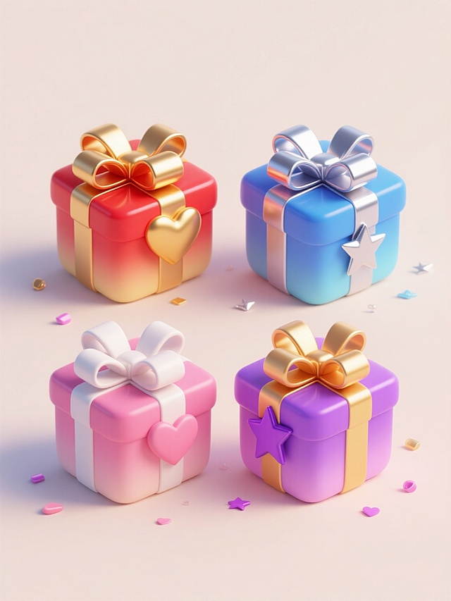 3D立体风格的礼物盒集合，采用上下两行对齐排列，每行两个礼物盒，均为方形结构，带有大而立体感十足的蝴蝶结，整体呈现圆润的边角和光滑的表面质感，色彩鲜艳明快，具有强烈的渐变光影效果和高光反射，营造出喜庆欢快的双11促销氛围。第一个礼物盒为红色渐变，搭配金色蝴蝶结和金色心形装饰；第二个礼物盒为蓝色渐变，搭配银色蝴蝶结和银色星星装饰；第三个礼物盒为粉色渐变，搭配白色蝴蝶结和粉色爱心装饰；第四个礼物盒为紫色渐变，搭配金色蝴蝶结和紫色五角星装饰。所有礼物盒均放置在浅色背景上，每个礼物盒周围散落着与自身配色相协调的小装饰元素，整体构图平衡，视觉层次分明，适合作为促销海报的核心视觉元素。