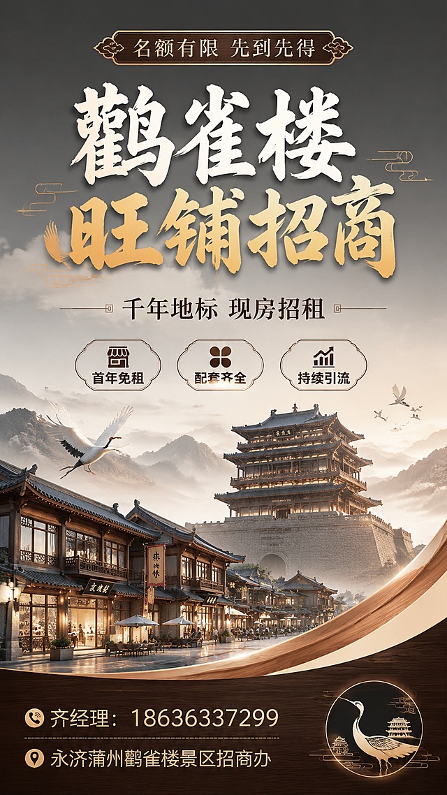 中式文旅商业风格鹳雀楼景区招商宣传海报，整体版式精美，信息分区清晰，主标题醒目，中式国风结合现代商务设计。主标题文字"鹳雀楼旺铺招商"，副标题文字"千年地标 现房招租"，顶部装饰文字"名额有限 先到先得"，卖点标签文字"首年免租" "配套齐全" "持续引流"，底栏联系方式"☎齐经理：18636337299  📍永济蒲州鹳雀楼景区招商办"，所有文字清晰可读，排版层次分明。背景融合鹳雀楼古建剪影和现代商务渐变，整体色调采用中式沉稳灰搭配传统木色，营造文旅景区的可信招商氛围，画面比例9:16，超高清4K画质