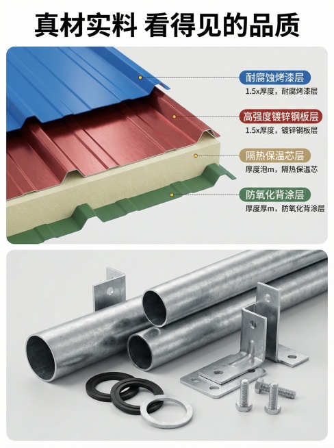 淘宝详情页材质细节展示，上下结构排版，上图下图，上方展示彩钢瓦横截面分层特写，标注：耐腐蚀烤漆层、高强度镀锌钢板层、隔热保温芯层、防氧化背涂层，每个图层用引线标注说明；下方放钢架和配件细节实拍，展示镀预览效果