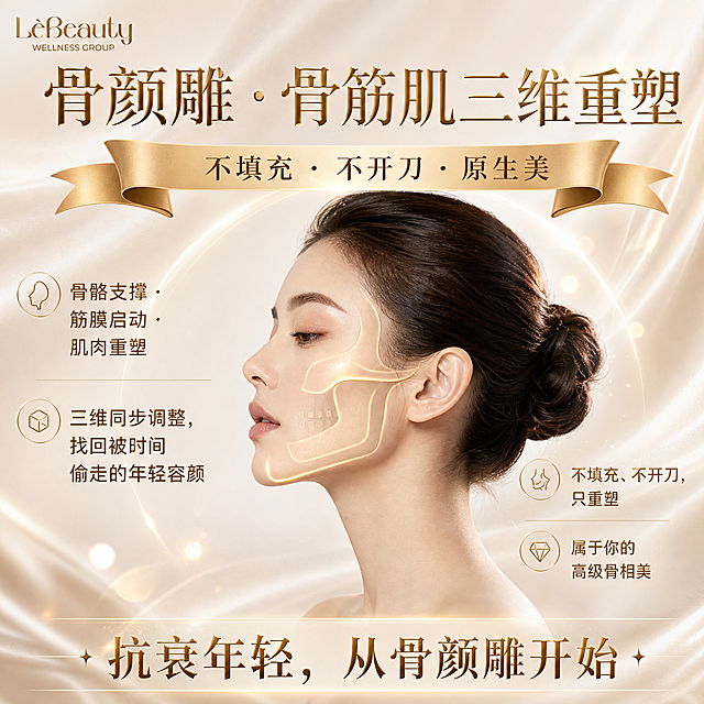 重新设计一张高端轻奢风格的骨筋肌三维重塑美容海报，竖版9:16。

品牌：左上角「LèBeauty WELLNESS GROUP」优雅字体

主标题：「骨颜雕 · 骨筋肌三维重塑」，金色优雅字体，大气高端

副标题丝带：「天/然/的/美/才/自/然」改为「不填充 · 不开刀 · 原生美」

左侧卖点：
「骨骼支撑 · 筋膜启动 · 肌肉重塑」
「三维同步调整，找回被时间偷走的年轻容颜」

右侧卖点：
「不填充、不开刀，只重塑」
「属于你的高级骨相美」

底部大标语：「抗衰年轻，从骨颜雕开始」

视觉风格：高级轻奢香槟金+奶白+浅米色配色，背景为柔和渐变丝绸质感，右侧是一位优雅女性侧面头像（盘发，精致侧脸），脸部有金色线条勾勒骨骼轮廓，整体光影柔和，高级医美质感，点缀金色光斑和柔焦光晕。版式精美，留白优雅。
