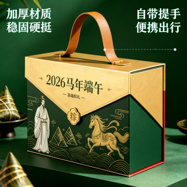 [主图 3] 核心卖点：加厚材质+自带提手细节展示
[氛围风格] 田园治愈风，自然清新，端午氛围
[画面元素] 商业摄影质感，光线柔和通透，产品清晰真实，画面干净高级。特写展示马年端午古风礼盒的提手和预览效果