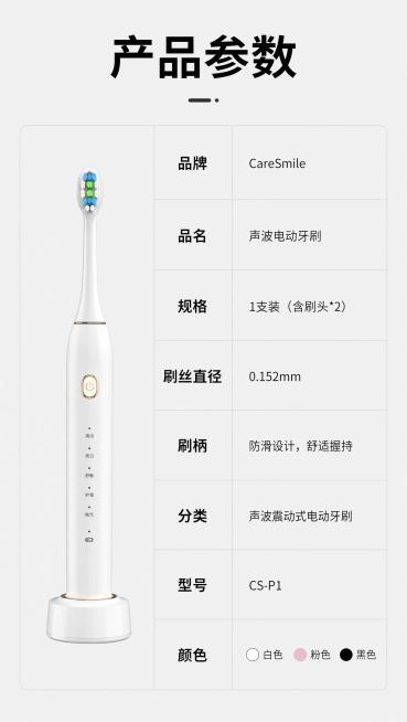 [第8屏] 产品参数页-汇总牙刷规格参数信息。
[氛围/风格] 简约信息卡风格，浅灰底干净清晰，信息排版整齐。
[元素布局] 顶部主标题「产品参数」，下方为分栏参数表格，左侧可放置牙刷产品小图，右侧为预览效果