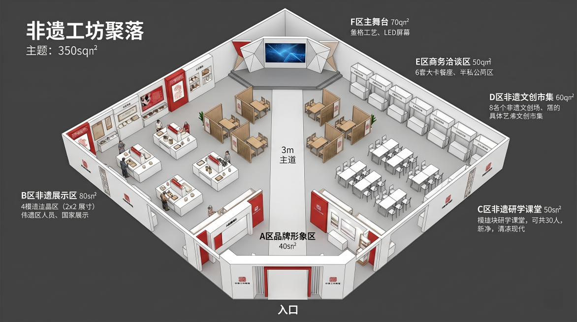 350平方米展位平面图，"非遗工坊聚落"主题，街巷+院落布局，开放式设计。入口在下边缘中央，A区品牌形象区40㎡。左半区B区非遗展示区80㎡：4个白色模块化岛台呈2×2排列，每个岛台配1传承人+展示位预览效果