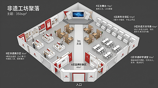 350平方米展位平面图，"非遗工坊聚落"主题，街巷+院落布局，开放式设计。入口在下边缘中央，A区品牌形象区40㎡。左半区B区非遗展示区80㎡：4个白色模块化岛台呈2×2排列，每个岛台配1传承人+展示位。右半区前部（靠入口）C区非遗研学课堂50㎡：模块化桌椅可容30人，简洁现代。右半区后部D区非遗文创市集60㎡：8个白色模块化摊位沿墙排列。后侧中部E区商务洽谈区50㎡：6组卡座，半私密隔断，原木色家具。后侧F区主舞台70㎡：简洁几何造型舞台，LED背景屏，可容纳发布/签约/沙龙。通道：3米宽主通道贯穿入口至舞台，地面浅灰色哑光材质。配色：白色70% + 朱砂红20% + 木质原色10%，非遗元素点缀式呈现（纹样在标识、灯箱上），俯视轴测图，标注清晰，展位设计风格