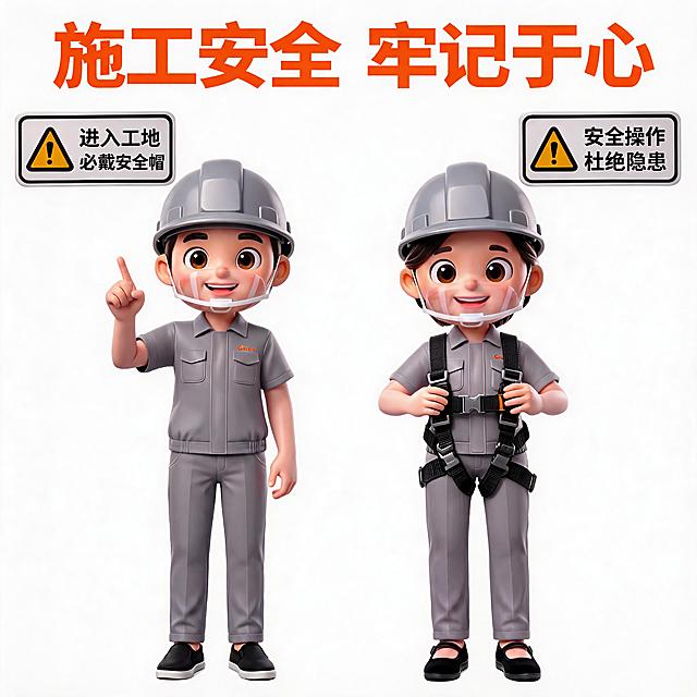 保留这两个3D卡通人物的主体特征不变，更换新的姿势适配施工安全宣传场景，纯白色背景，4K高清，安全宣传海报