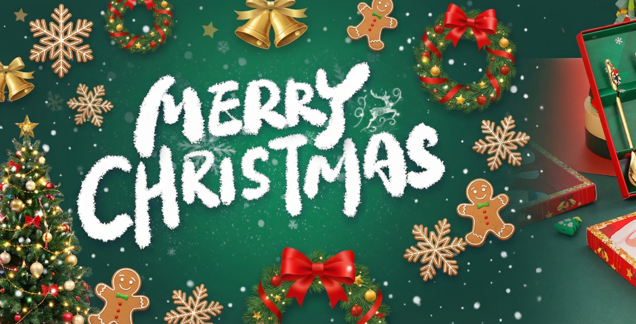 在原图基础上丰富海报，增加圣诞风格元素，包括圣诞树、圣诞彩环、铃铛、雪花、姜饼人，保持背景主绿色底色不变，将纯色背景改为渐变风格添加淡底纹，不要添加新文字，不要元素太满太复杂，整体围绕圣诞主题保持画面预览效果