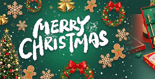 在原图基础上丰富海报，增加圣诞风格元素，包括圣诞树、圣诞彩环、铃铛、雪花、姜饼人，保持背景主绿色底色不变，将纯色背景改为渐变风格添加淡底纹，不要添加新文字，不要元素太满太复杂，整体围绕圣诞主题保持画面协调，保留原图白色文字'MERRY CHRISTMAS'和右侧礼物礼盒内容