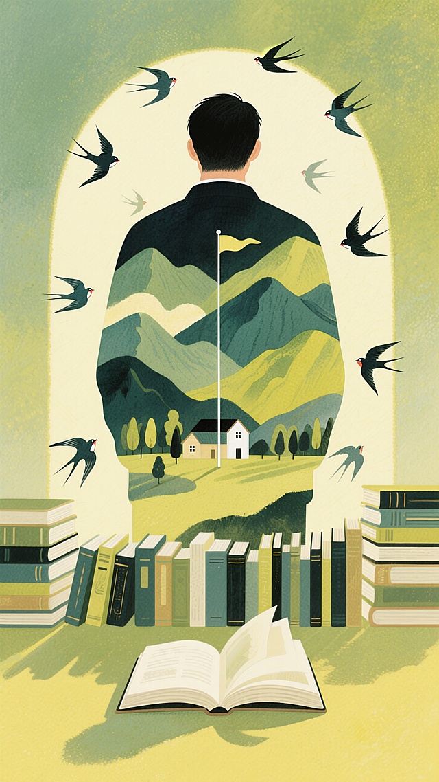 清新插画风，双重曝光融入超现实主义，水彩质感展现书中山水与飞翔的鸟儿。